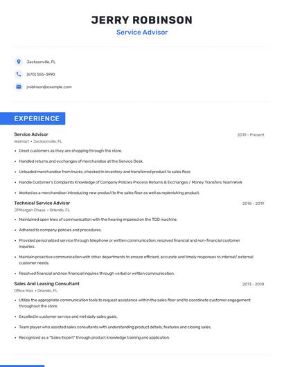 Service Advisor Resume