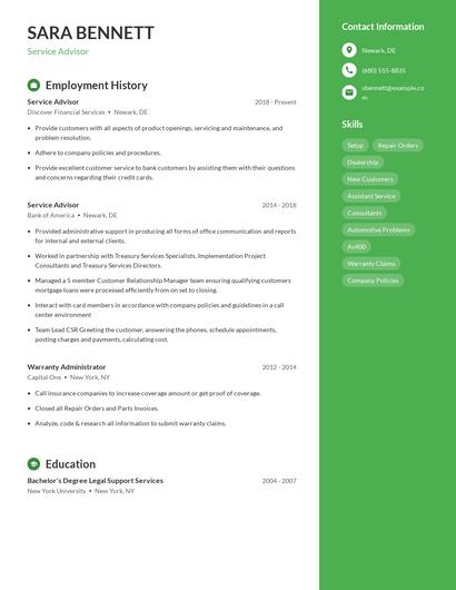 Service Advisor Resume