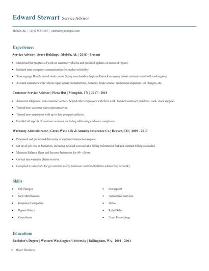 Service Advisor Resume