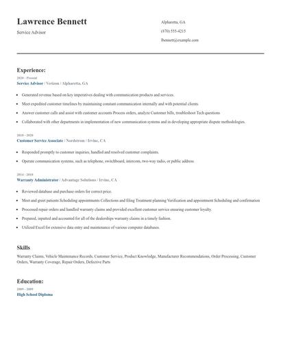 Service Advisor Resume