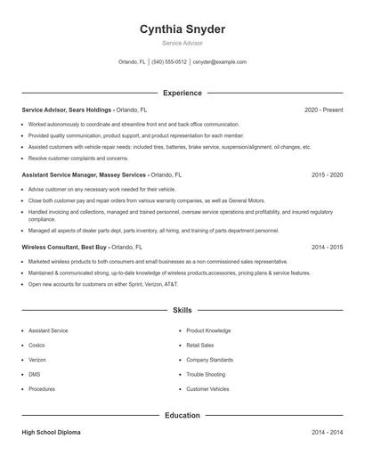 Service Advisor Resume