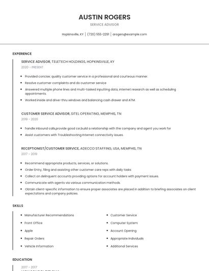 Service Advisor Resume