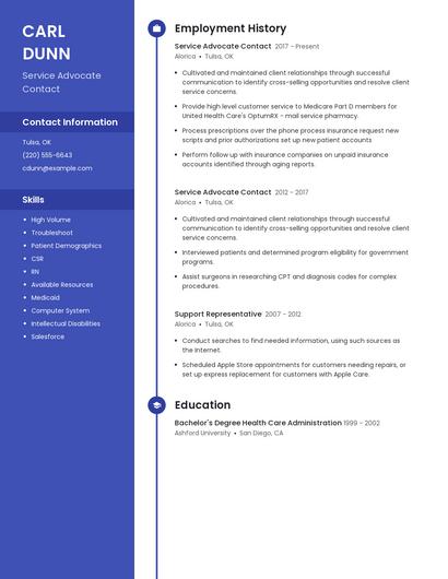 Service Advocate Contact Resume