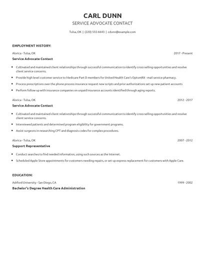 Service Advocate Contact Resume