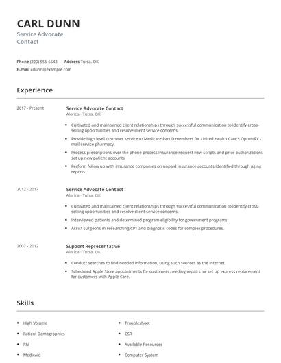 Service Advocate Contact Resume