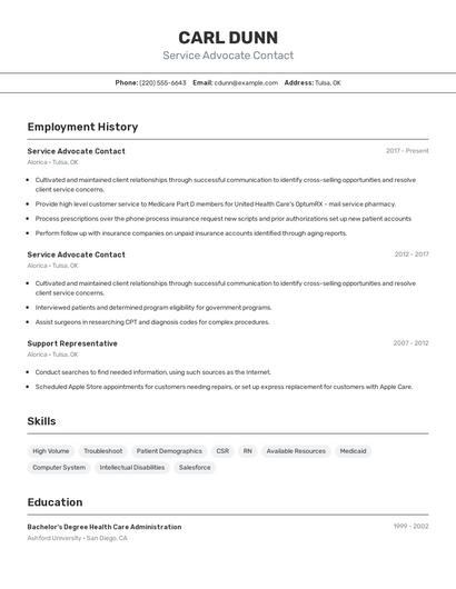 Service Advocate Contact Resume