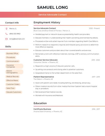 Service Advocate Contact Resume