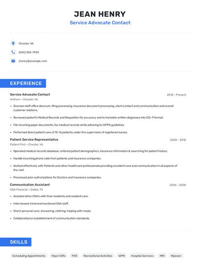 Service Advocate Contact Resume
