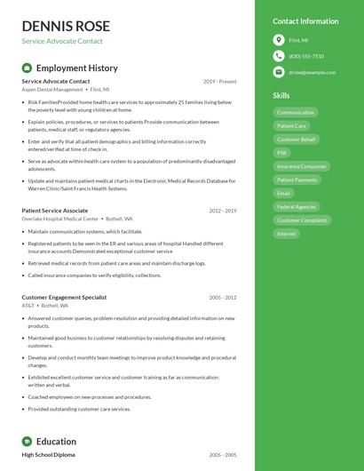 Service Advocate Contact Resume