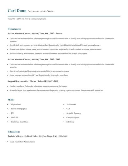 Service Advocate Contact Resume