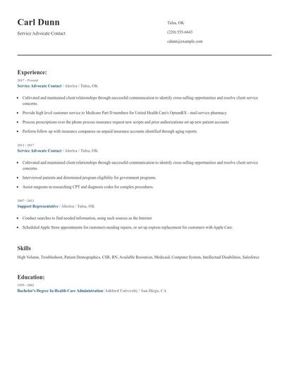 Service Advocate Contact Resume
