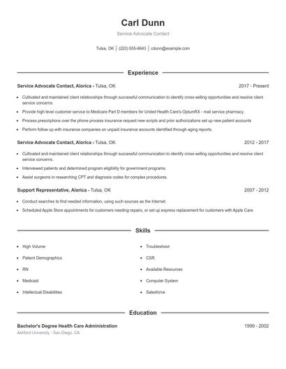 Service Advocate Contact Resume