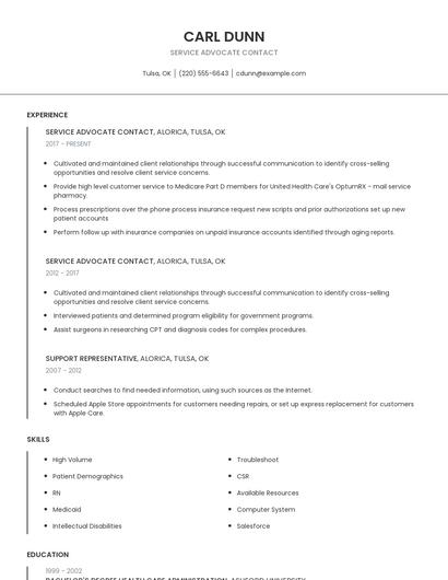 Service Advocate Contact Resume