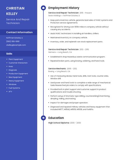 Service And Repair Technician Resume