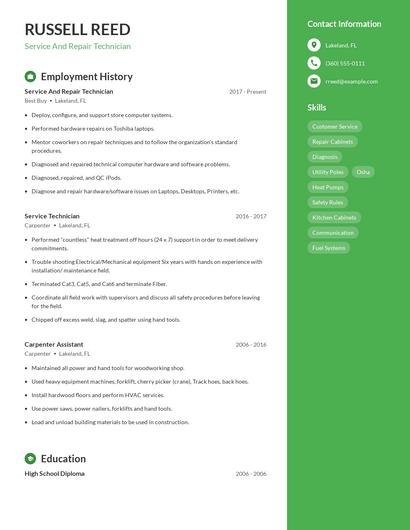 Service And Repair Technician Resume
