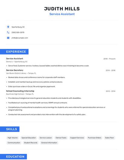 Service Assistant Resume