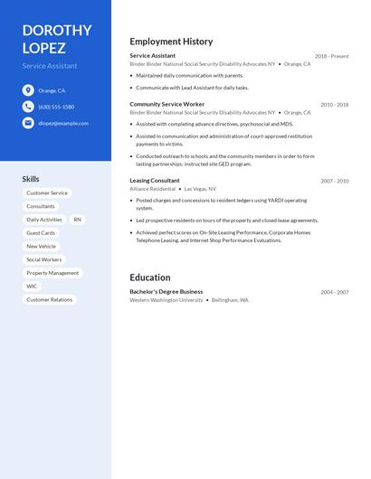 Service Assistant Resume
