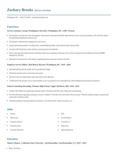 Service Assistant Resume