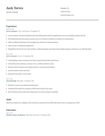 Service Assistant Resume