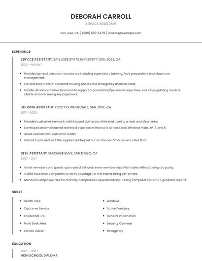 Service Assistant Resume