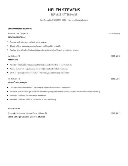 Service Attendant Resume