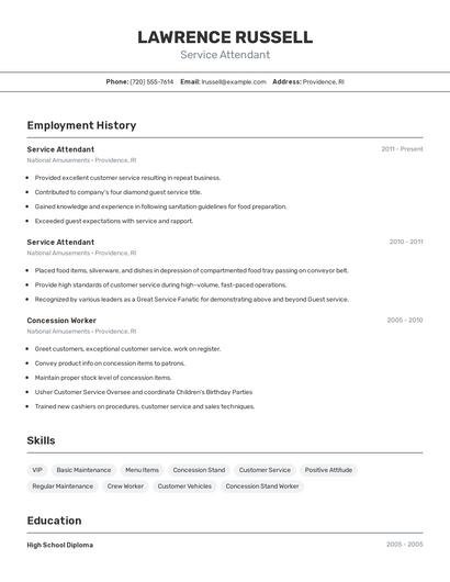Service Attendant Resume