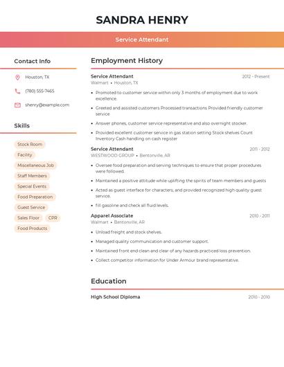 Service Attendant Resume
