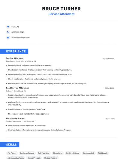 Service Attendant Resume