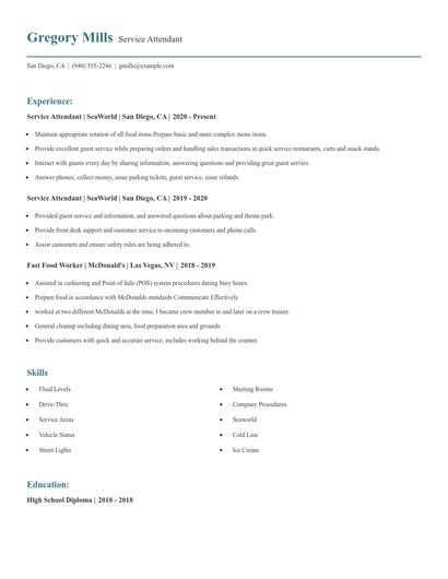 Service Attendant Resume