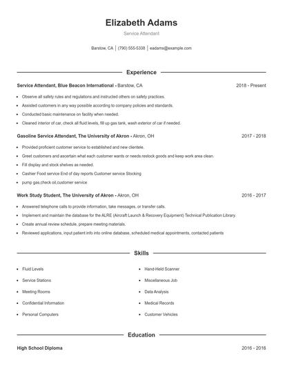 Service Attendant Resume