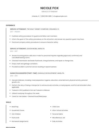 Service Attendant Resume