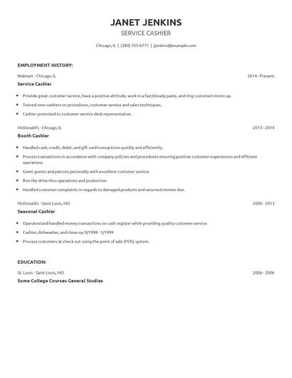 Service Cashier Resume