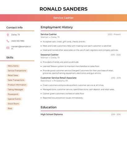 Service Cashier Resume