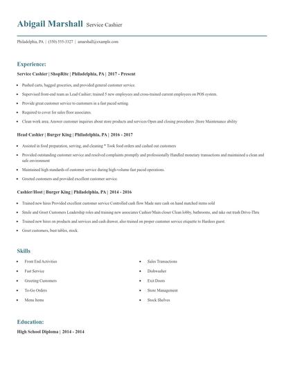 Service Cashier Resume