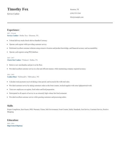 Service Cashier Resume