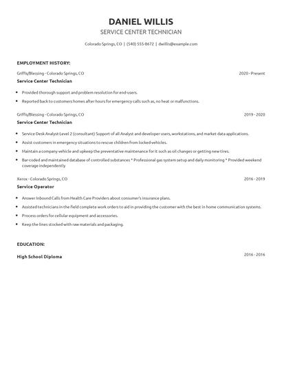 Service Center Technician Resume