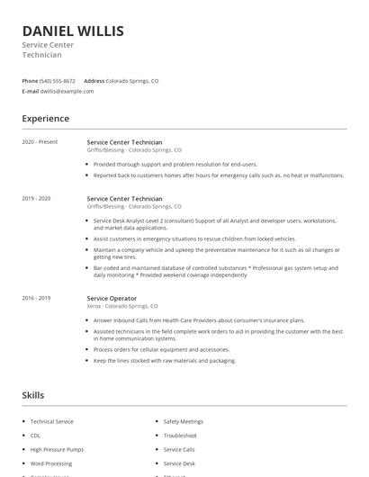 Service Center Technician Resume