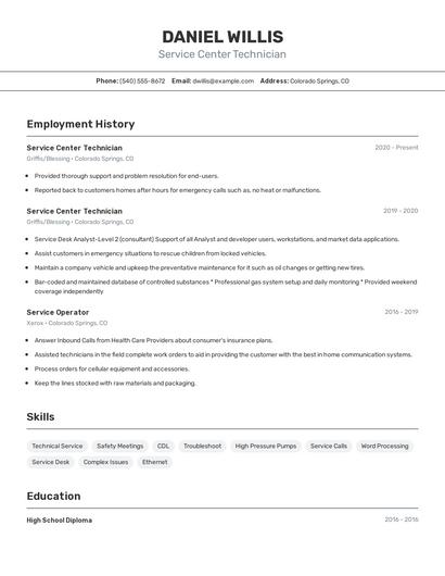 Service Center Technician Resume