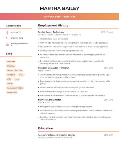 Service Center Technician Resume