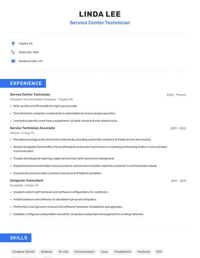 Service Center Technician Resume