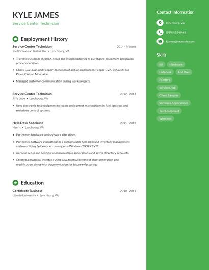 Service Center Technician Resume