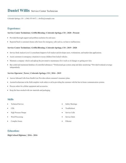 Service Center Technician Resume
