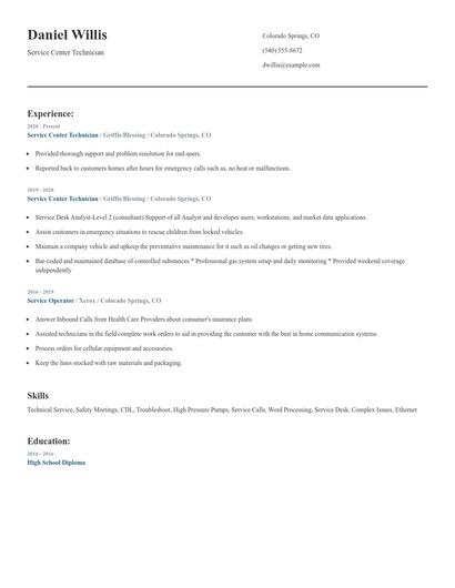 Service Center Technician Resume