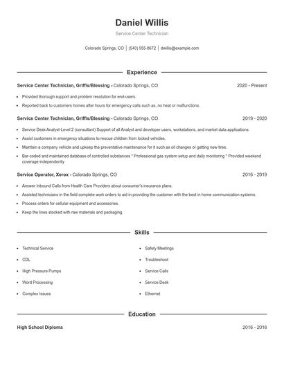 Service Center Technician Resume