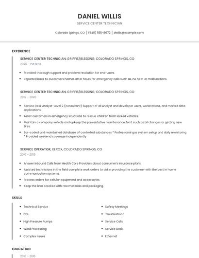 Service Center Technician Resume
