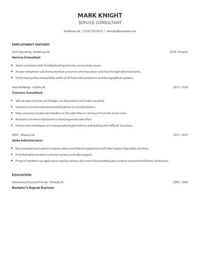 Service Consultant Resume