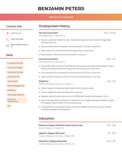 Service Consultant Resume