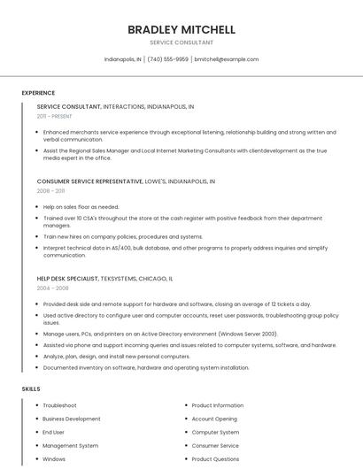 Service Consultant Resume