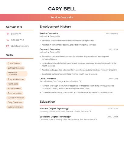 Service Counselor Resume