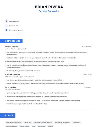 Service Counselor Resume